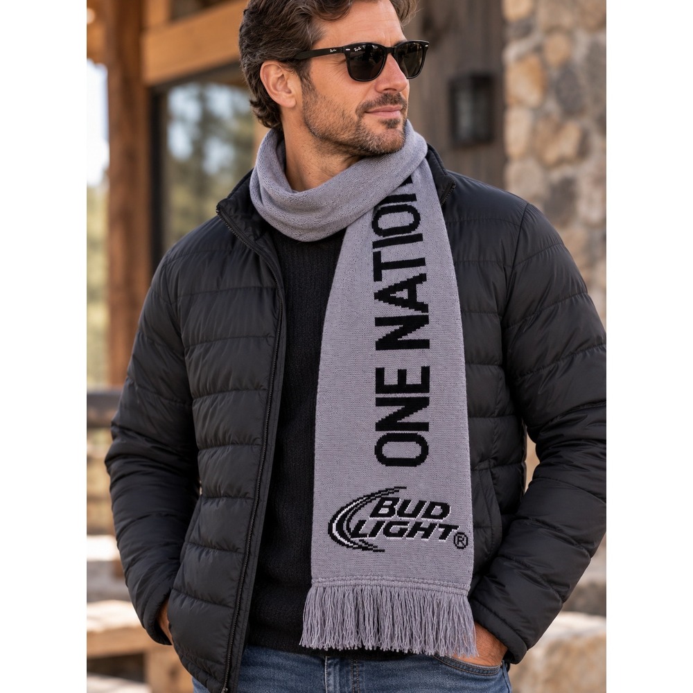 Bud Light One Nation Scarf Mens Gray Knit Winter Beer Logo Fringe Accessory
